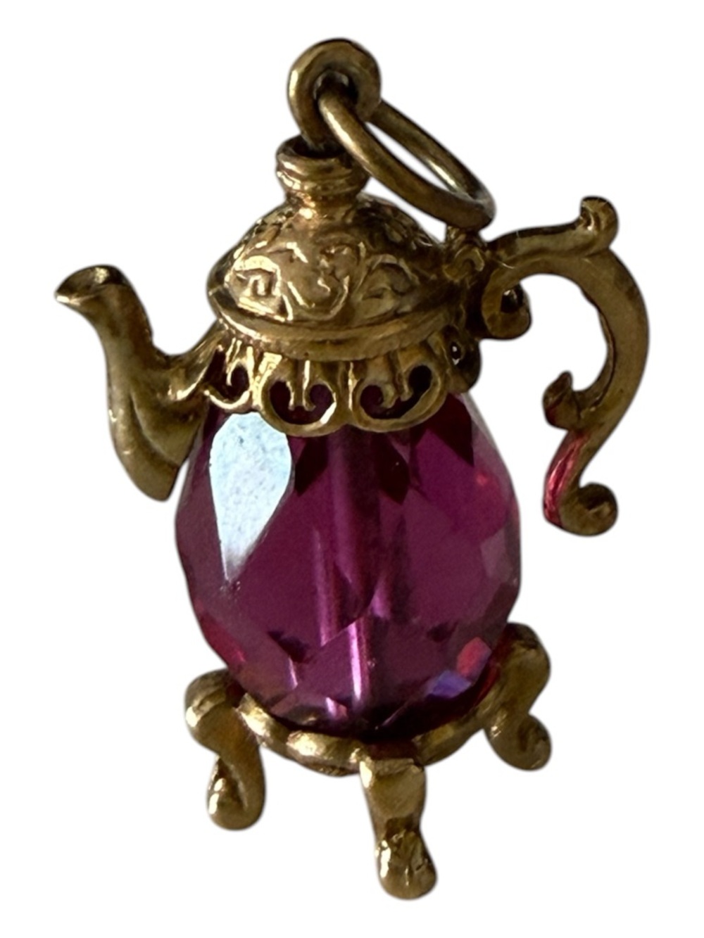 Vintage 9k Gold Teapot Charm with Faceted Fuchsia Synthetic Stone. - Picture 4 of 5